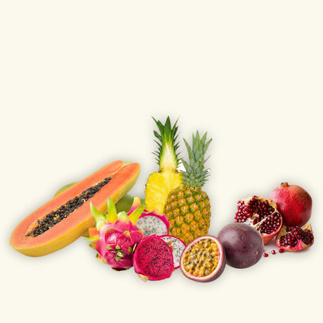 Exotische Früchte – Papaya, Ananas, Drachenfrucht, Passionsfrucht und Granatapfel